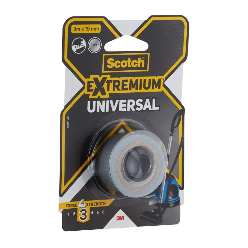 Egy csomag Scotch® Extremium™ univerzális ragasztószalag, 3 m x 19 mm a 3M Deutschland GmbH-tól, ezüst színben, a ragasztószalag tekercs feliratával, a 3-as szilárdsági fokozat 6-ból és az alsó részén a 3M márkalogóval.