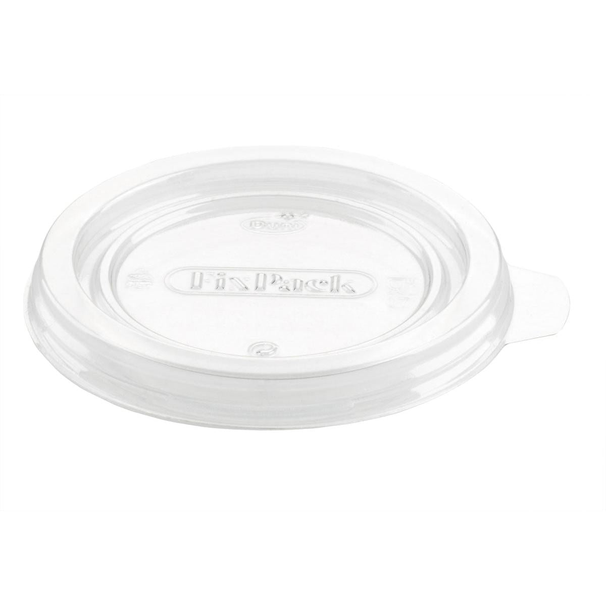 Der Deckel für 161088 von Duni GmbH ist ein klarer, runder APET-Deckel (93x93x9 mm) mit einer kleinen Lasche und geprägten Symbolen, passend zu einer Verpackung. Packung: 50 Stück.