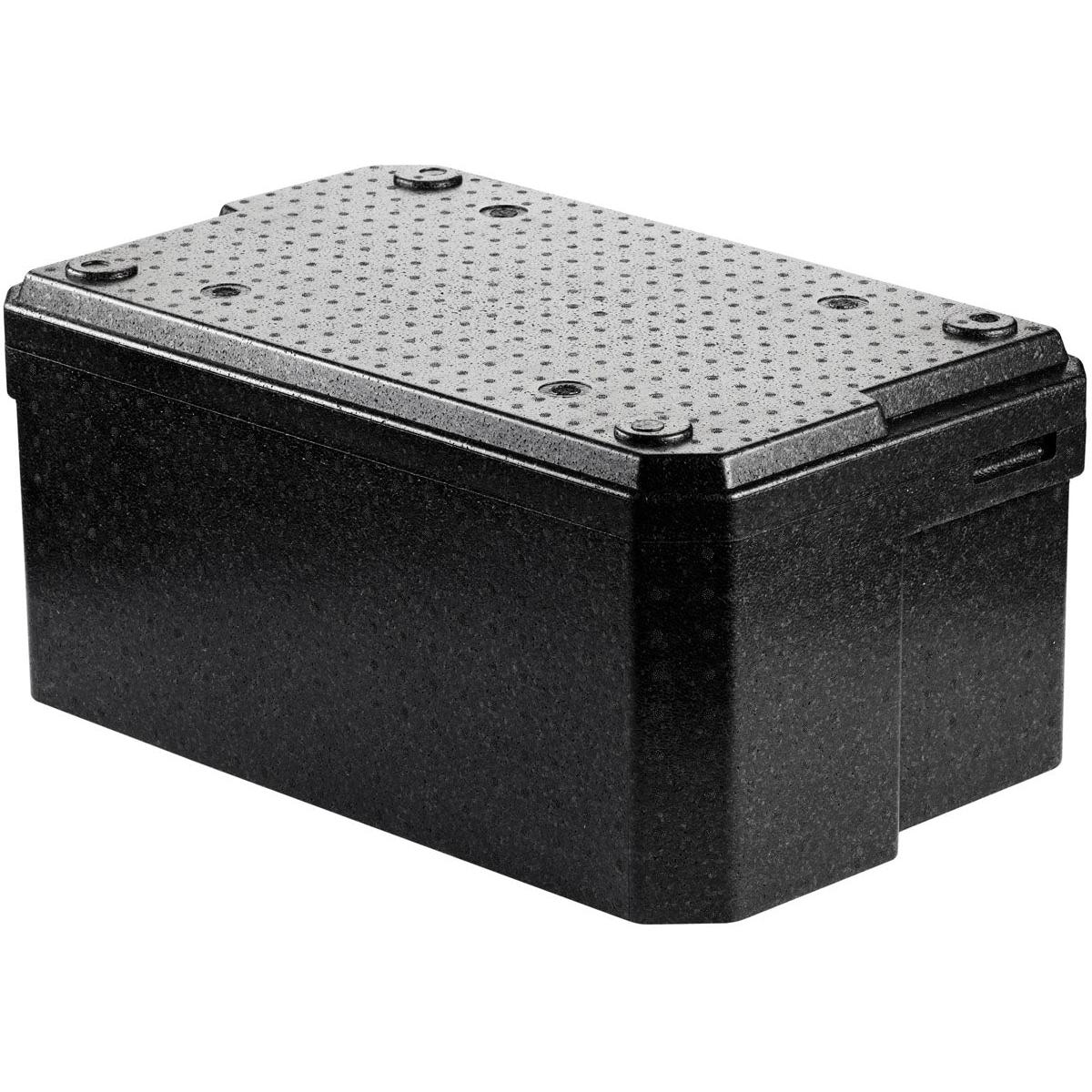 A Duni GmbH Thermobox 1 Schwarz EPP egy fekete, téglalap alakú műanyag doboz élelmiszer szállítására, amelynek teteje négy csavarral rögzített, pontozott mintázatú. Fehér háttér előtt van bemutatva.