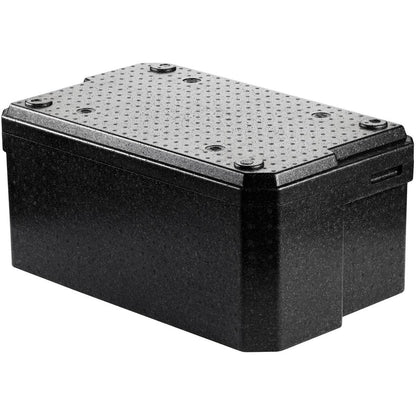 A Duni GmbH Thermobox 1 Schwarz EPP egy fekete, téglalap alakú műanyag doboz élelmiszer szállítására, amelynek teteje négy csavarral rögzített, pontozott mintázatú. Fehér háttér előtt van bemutatva.