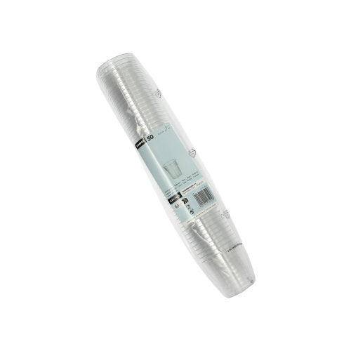 Egy halom Starpak 50 pohár, PS átlátszó, egyenként 0,2 l űrtartalommal, egy világoskék-fehér címkés műanyag csomagolásban van csomagolva, amelyen a termék adatai és egy vonalkód található.