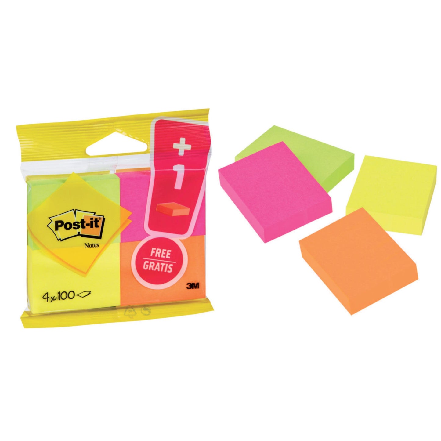 Eine Packung Post-it® Notes der 3M Deutschland GmbH enthält 4 Blöcke (38 x 51 mm) in verschiedenen Neonfarben, mit 3 sichtbaren losen Zetteln in Pink, Orange und Gelb. Jeder Block hat 100 Blatt; einen Block erhalten Sie gratis. Hergestellt aus PEFC-zertifiziertem Papier.