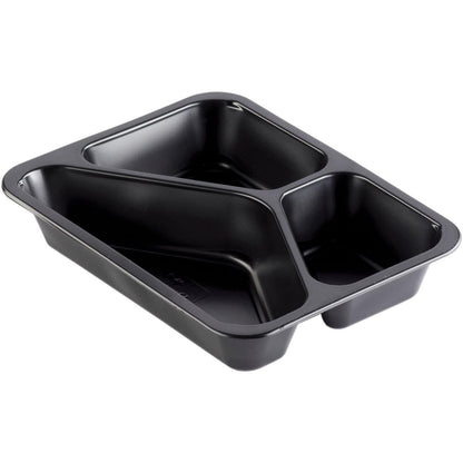 Die Duni GmbH PP-Schale Caterline 3 Schwarz PP 227x178 ist eine schwarze Speisenschale mit drei Fächern (ein großes, zwei kleine), ideal zum Servieren oder Verpacken von Speisen in der Gastronomie oder im Catering.