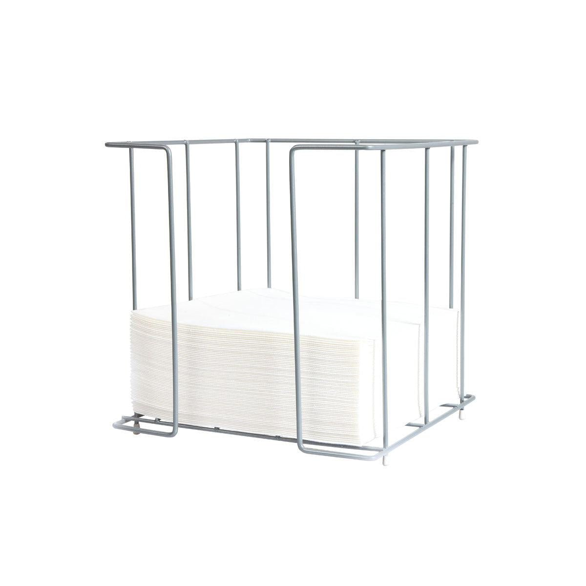 Egy 33x33 cm-es fehér szalvétahalom található a Duni GmbH fém szalvétatartóban, amely 33 cm 1/4 hüvelykes - Elegáns kialakítás króm-fém huzalvázzal egy egyszerű fehér háttér előtt.