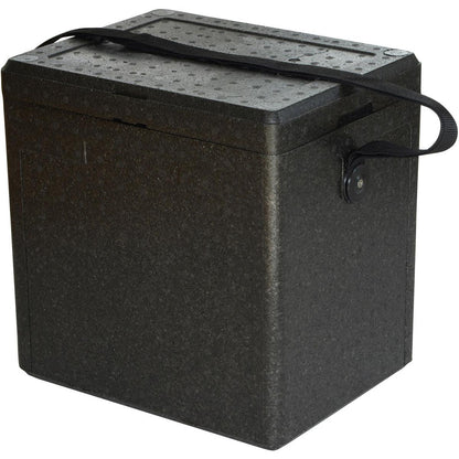 A Duni GmbH Thermobox 1 Schwarz EPP egy fekete, téglalap alakú doboz struktúrált felülettel, fedéllel és oldalsó hordozópánttal - tökéletes szigetelő dobozként vendéglátásra vagy élelmiszer szállításra.