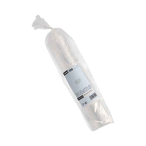 Eine versiegelte Kunststoffverpackung mit 100 transparenten Starpak Dressingschalen, PS, rund, 50 ml (Ø 6,7 cm x 2,7 cm), gestapelt mit einem weiß-blauen Etikett – ideal für den Einsatz in der Gastronomie oder als Dressingbecher.