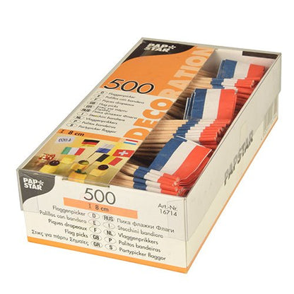 Egy doboz 500 PAPSTAR dekorációs pálcikával 8 cm fehér a PAPSTAR GmbH-tól, ideális stílusos bemutatókhoz. Az átlátszó csomagolás a „Pap Star” feliratot viseli, és több nyelvű termékinformációkat tartalmaz.