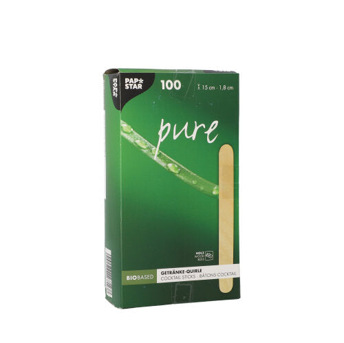 Eine grüne PAPSTAR Faltschachtel mit der Aufschrift "pure" enthält 100 umweltfreundliche Holz-Getränkequirle (15 cm), ideal für Caipirinha Cocktails. Die Verpackung zeigt einen Trinkhalm sowie Wassertröpfchen auf einem Pflanzenstängel.
