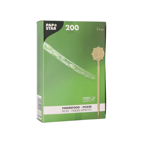 Egy zöld doboz a PAPSTAR GmbH Fingerfood Picker "Kormánykerék" 9 cm (200 darab) papírtálcán egy pálcával és termékinformációkkal a csomagoláson - tökéletes partikra.