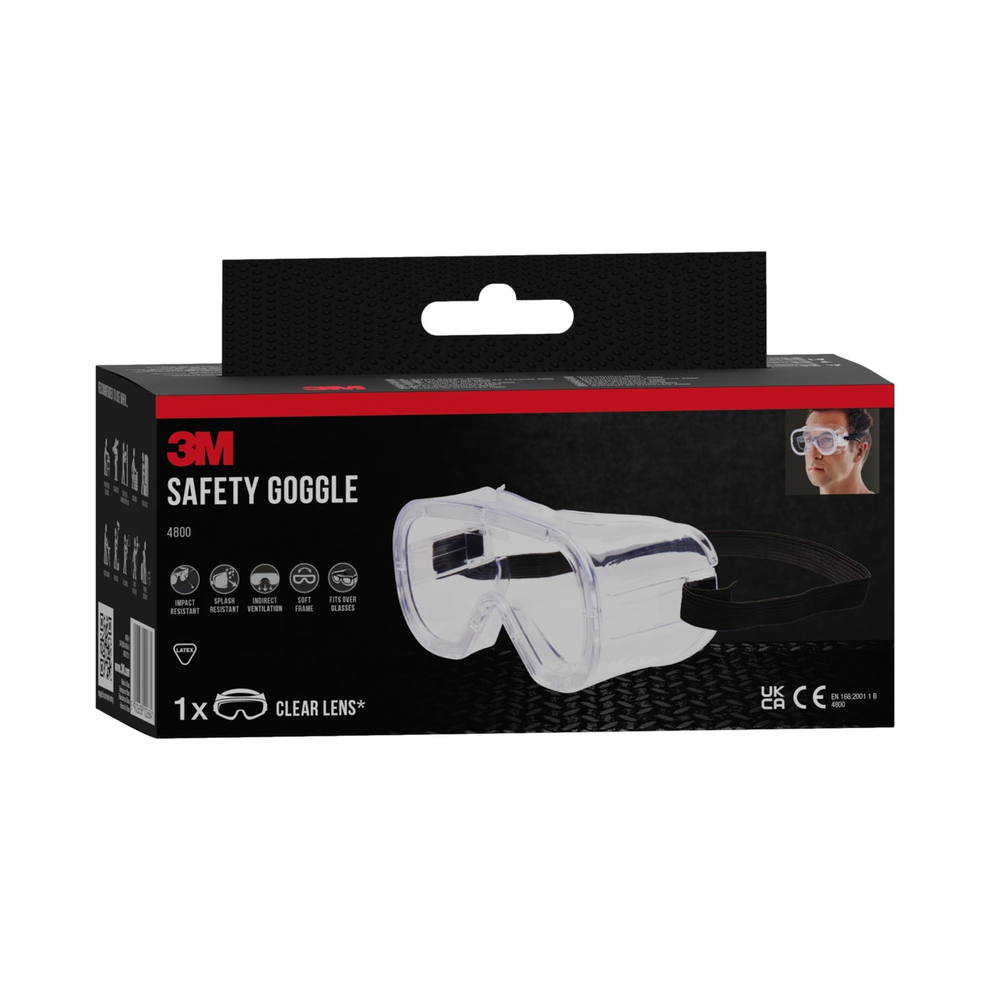 Die 3M™ Classic Schutzbrille 4800 der 3M Deutschland GmbH mit indirekter Belüftung und Klarsichtscheibe ist in einer schwarz-roten Verpackung mit einer Abbildung der Schutzbrille im Einsatz abgebildet; ein Paar ist enthalten.