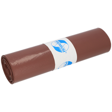 Ein gerollter brauner EMIL DEISS KG DEISS 17001 Typ 60 Müllsack (700x1100 mm, 25 Stück/Rolle) mit einem weiß-blauen "Premium"-Etikett in der Mitte, auf weißem Hintergrund.