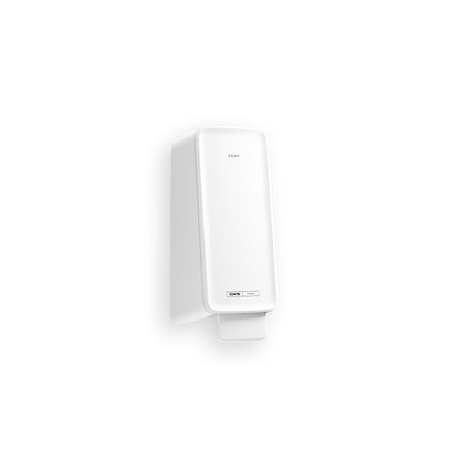 A CWS PureLine Foam szappanadagoló a CWS-től egy fehér, falra szerelhető adagoló téglalap alakú formával és alsó nyomókarjával, amelyen "SOAP" felirat található. Ideális a mosdóhoz, és tökéletesen illeszkedik minden CWS PureLine berendezés tiszta megjelenéséhez. Egyszerű fehér háttér.