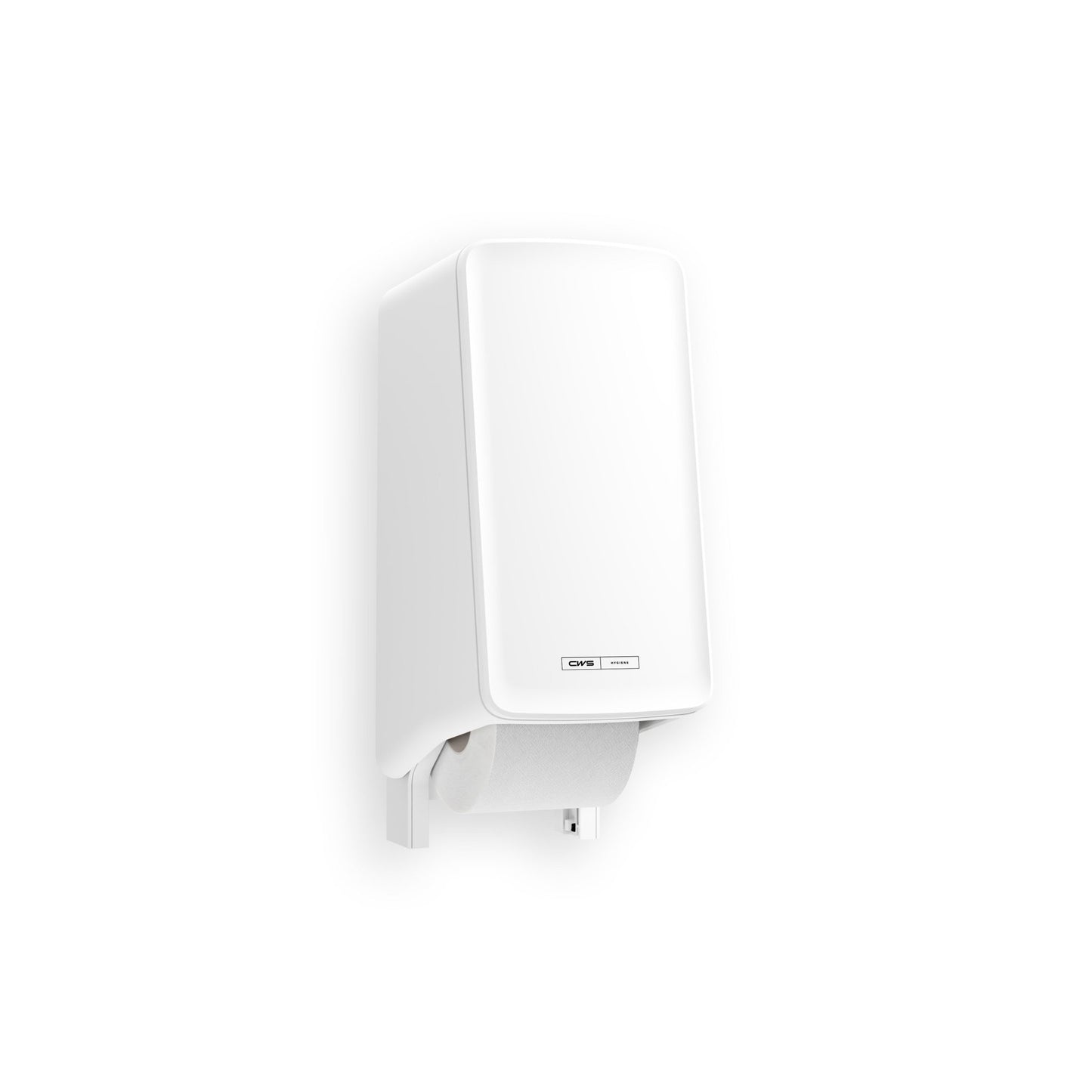 A CWS PureLine WC-papír-adagoló (1 db) a CWS gyártmánya, falra szerelhető, környezetbarát cellulózból készült, és alsó részén egy jól látható tekercs található, egyszerű fehér háttér előtt.