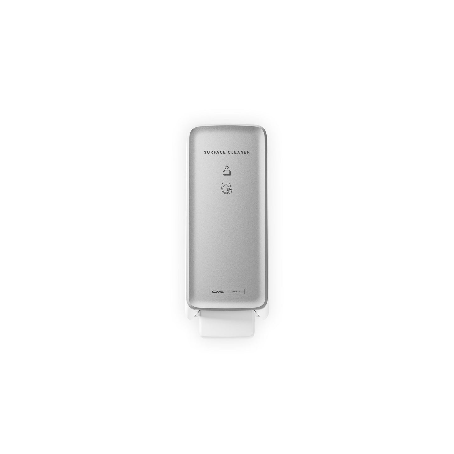 A CWS PureLine előlapi panel a WC felülettisztítóhoz egy ezüst színű, falra szerelhető adagoló, látható nyomókarral, minimális szöveges utasításokkal és modern dizájnnal, fehér háttér előtt ábrázolva.