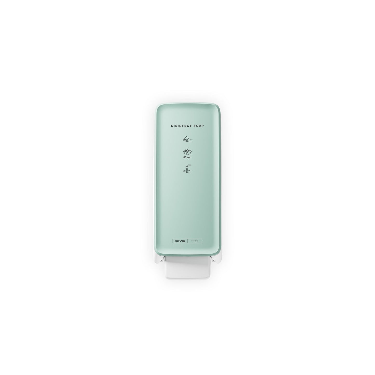 Egy falra szerelt, mentazöld CWS PureLine előlapi panel a Disinfect Foam/NT adagolóhoz "DISINFECT SOAP" felirattal, illusztrált utasításokkal és elegáns dizájnnal egy fehér háttér előtt.