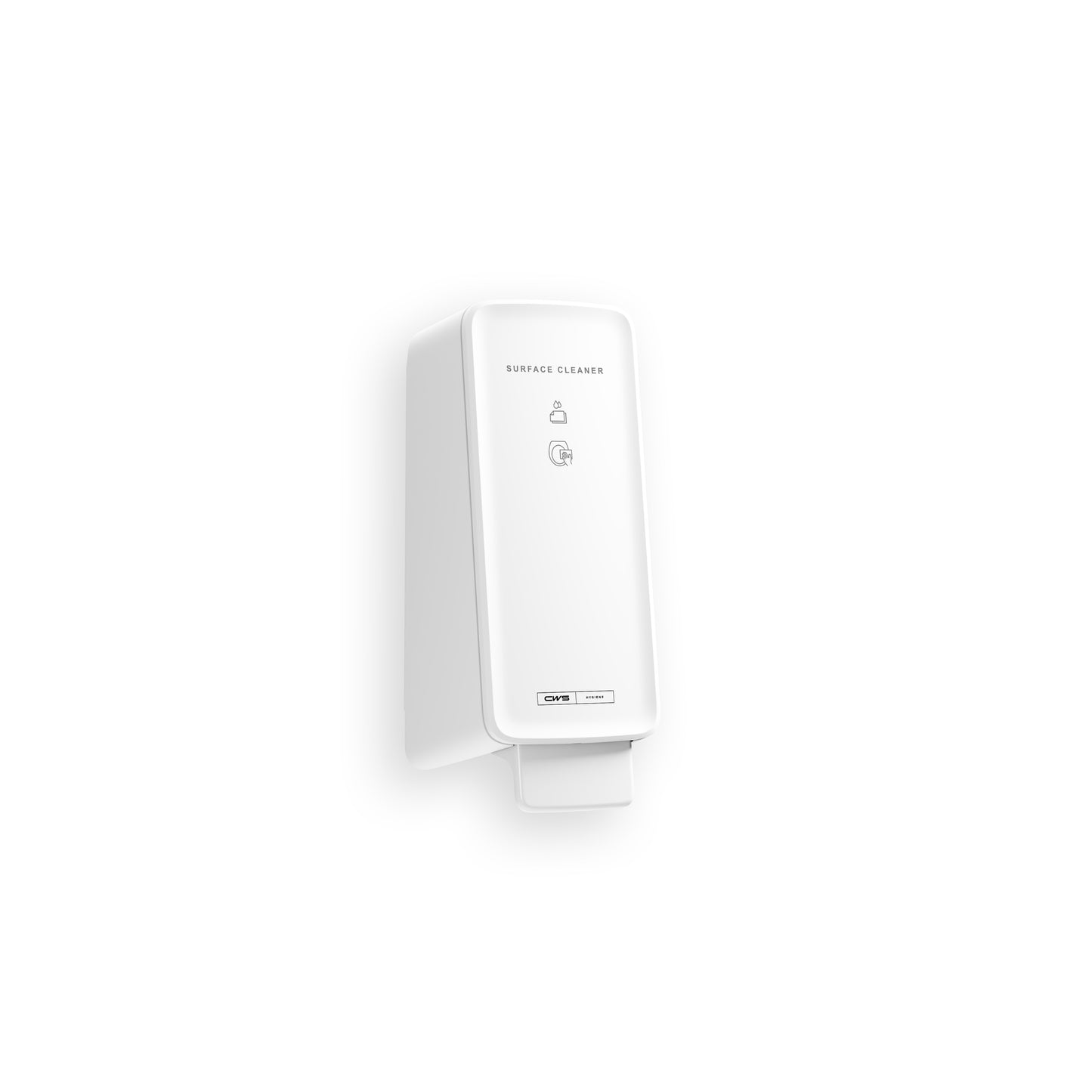 Egy fehér, falra szerelhető CWS PureLine Surface Cleaner WC-adagoló téglalap alakú, minimalista dizájnnal "Surface Cleaner" felirattal, egyszerű szimbólumokkal, kiemelve a CWS általi higiénikus tisztítást a hatékony baktériumeltávolításhoz minden helyiségben.