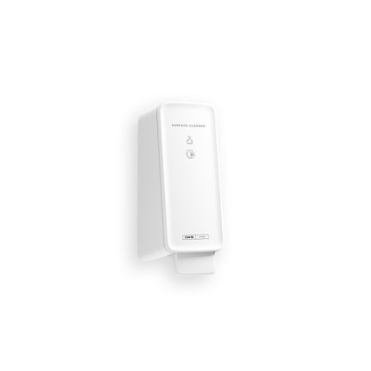 Egy fehér, falra szerelhető CWS PureLine Surface Cleaner WC-adagoló téglalap alakú, minimalista dizájnnal "Surface Cleaner" felirattal, egyszerű szimbólumokkal, kiemelve a CWS általi higiénikus tisztítást a hatékony baktériumeltávolításhoz minden helyiségben.