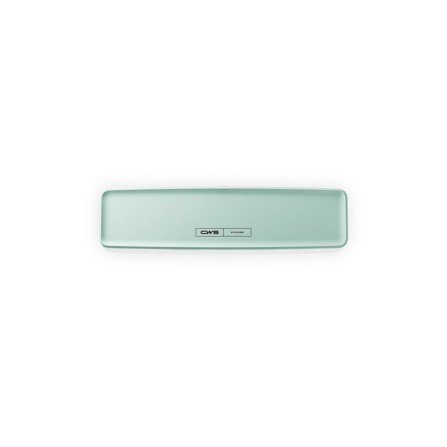 Egy téglalap alakú, világoszöld készülék, lekerekített élekkel és egy középen elhelyezett címkével, amelyen a „CWS PureLine Frontpanel für PureLine Air Bar” felirat olvasható, fehér háttér előtt látható.