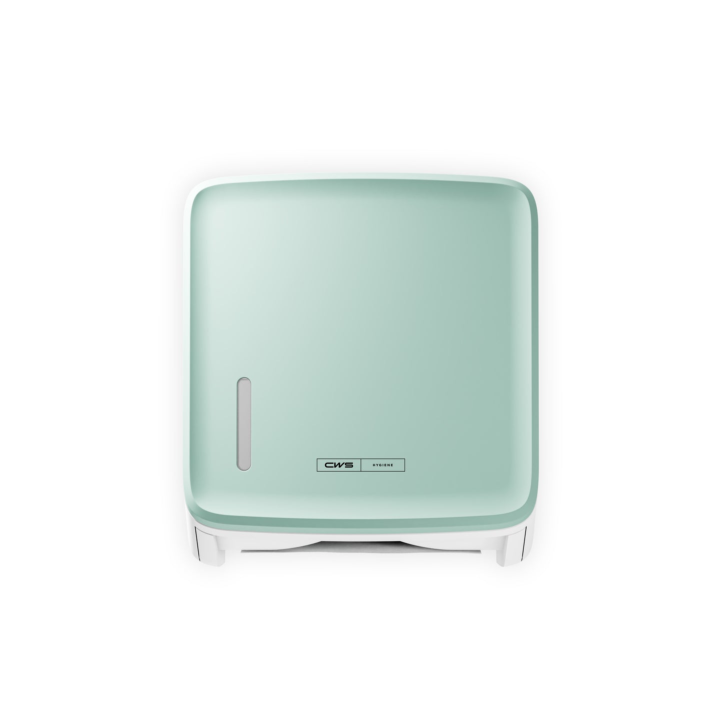 Egy négyzet alakú, falra szerelhető mentazöld CWS PureLine elülső panel a CWS papír adagolóhoz egy kis ovális ablakkal és egy CMS logóval rendelkezik az elülső oldalon, fehér háttér előtt ábrázolva.