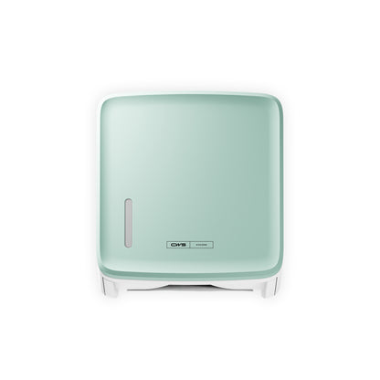 Egy négyzet alakú, falra szerelhető mentazöld CWS PureLine elülső panel a CWS papír adagolóhoz egy kis ovális ablakkal és egy CMS logóval rendelkezik az elülső oldalon, fehér háttér előtt ábrázolva.