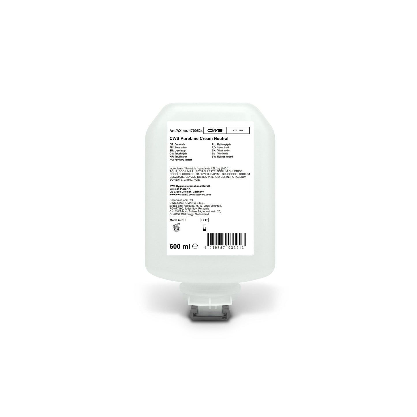A CWS PureLine Cream Neutral 600 ml-es palackot az érzékeny bőrön való napi használatra fejlesztették ki, és fehér címkével, amelyen az összetevők és a termékinformációk szerepelnek, valamint átlátszó alsó zárral van ellátva.