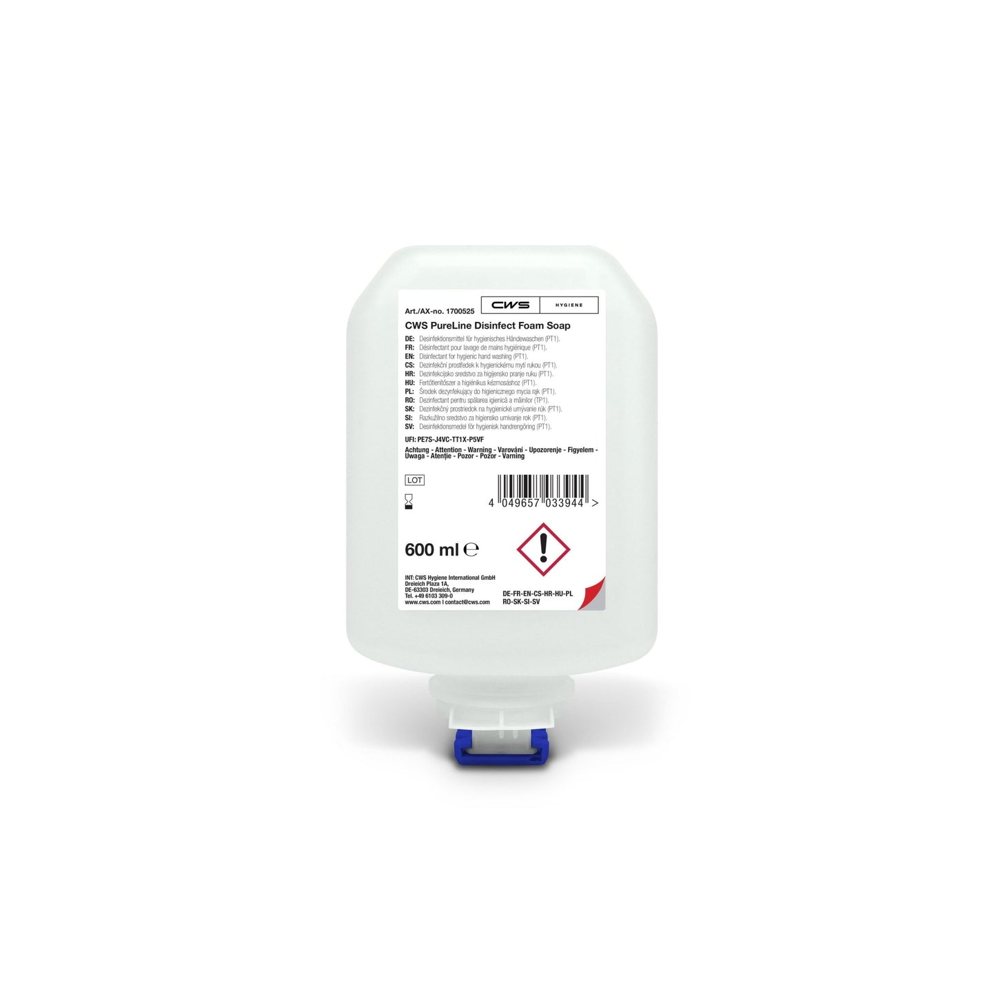 Egy 600 ml-es CWS PureLine Desinfect Gel palack a CWS-től, letisztult kialakítással, kék-fehér adagolóval és olyan címkével, amely tartalmazza a termék adatait, a használati utasítást, a biztonsági szimbólumokat, valamint a kórokozókkal és baktériumokkal kapcsolatos figyelmeztetéseket.