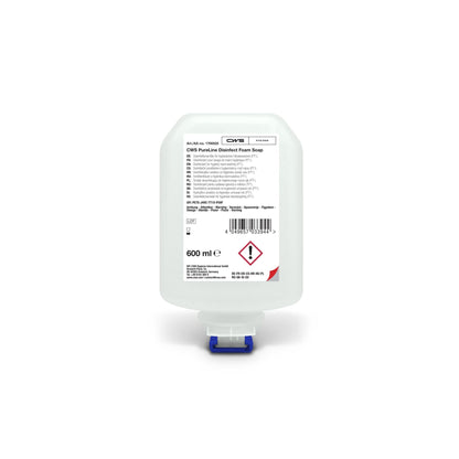 Egy 600 ml-es CWS PureLine Desinfect Gel palack a CWS-től, letisztult kialakítással, kék-fehér adagolóval és olyan címkével, amely tartalmazza a termék adatait, a használati utasítást, a biztonsági szimbólumokat, valamint a kórokozókkal és baktériumokkal kapcsolatos figyelmeztetéseket.