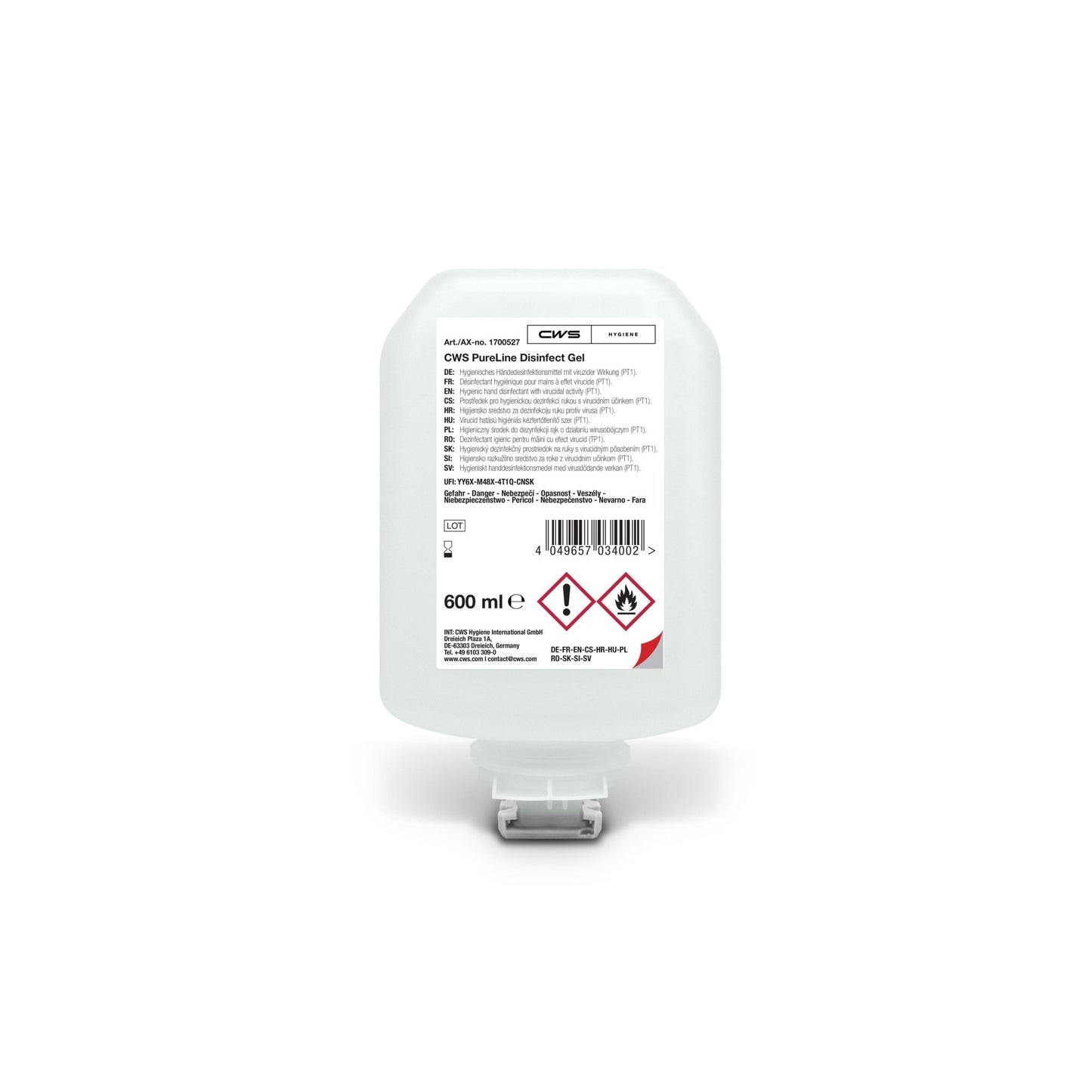 A CWS PureLine fertőtlenítő gél 600 ml-es kiszerelés egy átlátszó tartály, fehér adagolókupakkal és címkével, amelyen a termékinformációk, a vonalkód és a veszélyességi szimbólumok szerepelnek. Ez a CWS márkájú kézfertőtlenítő gél hatékony a kórokozók és baktériumok ellen.