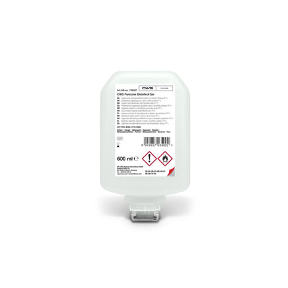 A CWS PureLine fertőtlenítő gél 600 ml-es kiszerelés egy átlátszó tartály, fehér adagolókupakkal és címkével, amelyen a termékinformációk, a vonalkód és a veszélyességi szimbólumok szerepelnek. Ez a CWS márkájú kézfertőtlenítő gél hatékony a kórokozók és baktériumok ellen.