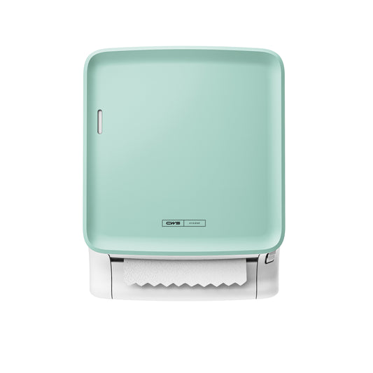 Der quadratische, mintgrüne CWS PureLine Papierhandtuchspender für die Wandmontage mit dem CWS PureLine Frontpanel für PureLine Paperroll verfügt über eine weiße Frontblende und ein teilweise ausgezogenes Blatt vor einem schlichten weißen Hintergrund.