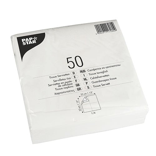 Egy lezárt csomag 50 PAPSTAR GmbH szalvétával, 1/4 hajtás, 33x33 cm, fehér, 2 rétegű, többnyelvű termék- és méretinformációkkal ellátott fóliacsomagolásban.