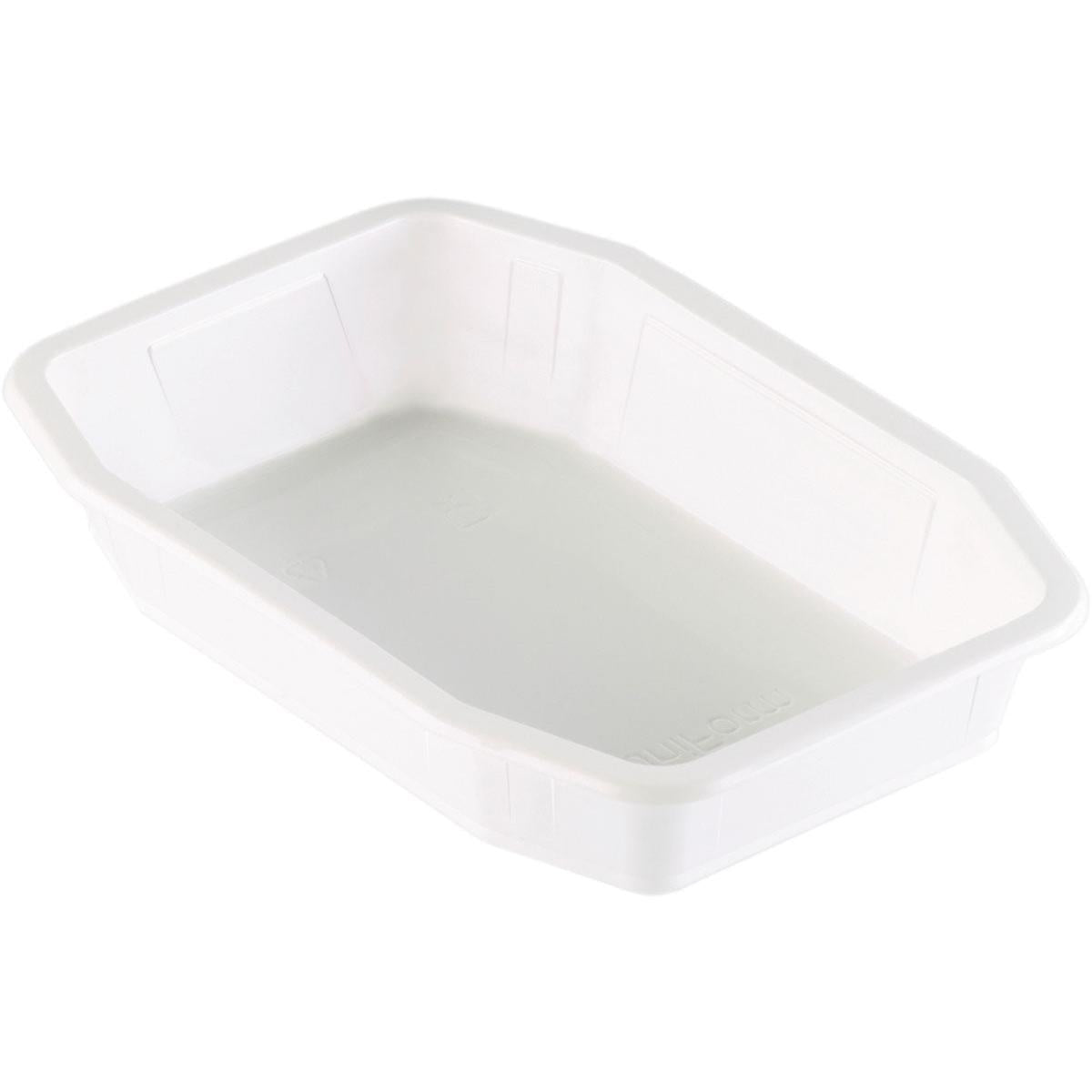 A Duni GmbH PP HMR Fehér PP 215x148 tál egy egyszerű, fehér, téglalap alakú tál, enyhén megemelt peremmel, fehér háttér előtt ábrázolva.