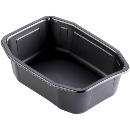 A Duni GmbH PP-tál HMR Schwarz PP 215x148 egy fekete, téglalap alakú, újrahasználható polipropilén tál, enyhén ferde oldalakkal és lekerekített sarkokkal, üresen, fehér háttéren bemutatva.