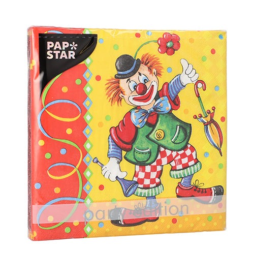 Eine farbenfrohe 3-lagige Serviette der PAPSTAR GmbH 20 Servietten, 33x33 cm Set 5, mit einem Cartoon-Clown auf gelb gepunktetem Hintergrund.