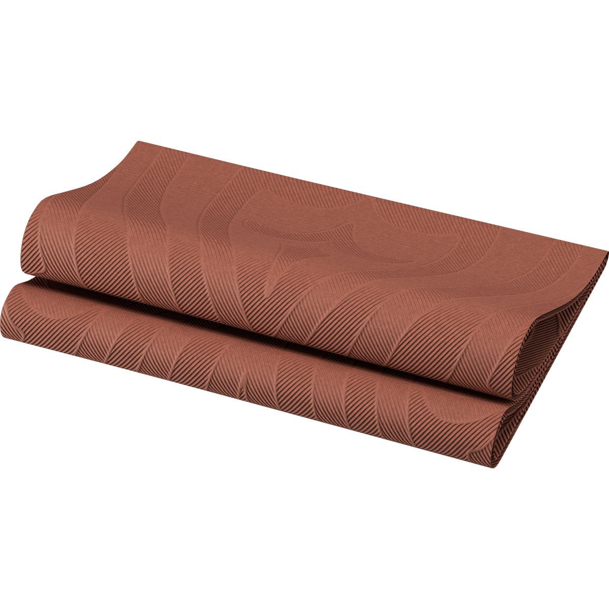 Egy csomag Elegance szalvéta 40x40 cm-es Lily Chestnut a Duni GmbH-tól, vöröses-barna árnyalatban és hullámos struktúramintával fehér háttéren áll.