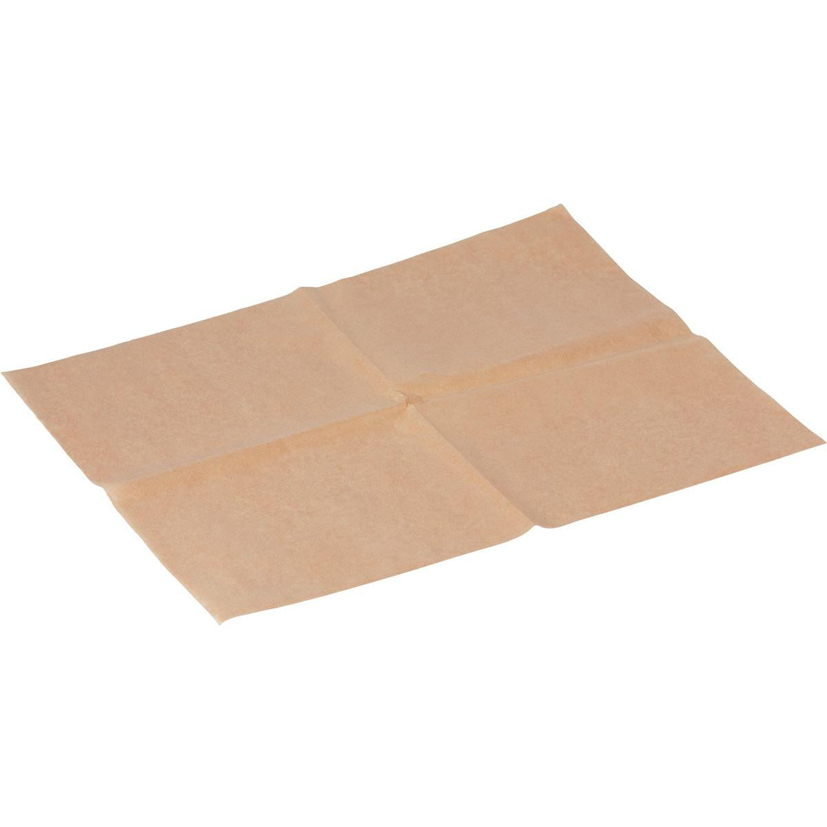 Vier überlappende Snack-Papier Braun Papier/PE Quadrate der Duni GmbH liegen flach auf einer weißen Fläche und bilden ein großes Quadrat mit sichtbaren Falten. Diese fettbeständigen Blätter bieten eine umweltfreundliche Verpackung für Ihre Snacks.
