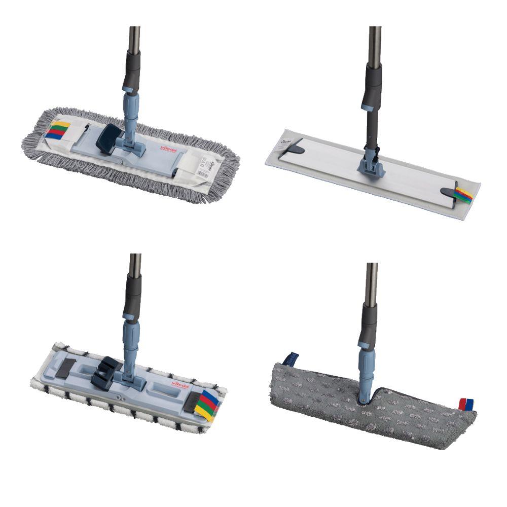 Der Vileda Professional SprayPro Edelstahl Mopphalter der Vileda GmbH umfasst vier Flachmopptypen mit einzigartigen Reinigungspads und langen Griffen. Zwei Mopps des Bodenreinigungssystems haben Fransenkanten, andere sind glatt; alle verfügen über abnehmbare Moppköpfe für vielseitige Reinigung.