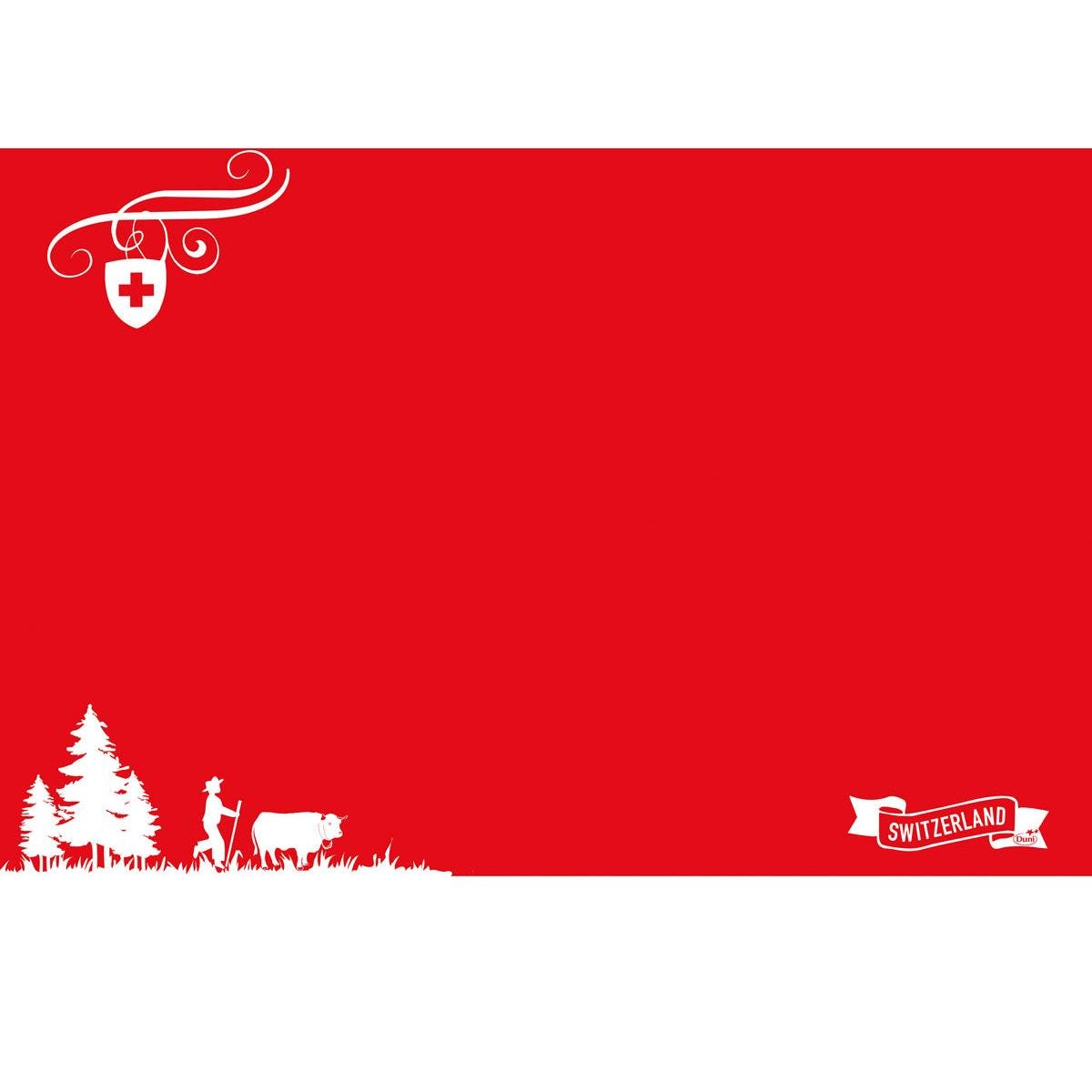 Egy piros-fehér grafika svájci zászlóval, tehénnel és fákkal ellátott figurával, valamint egy "Svájc" szalaggal - tökéletes Dunicel asztalterítőkhöz 30 x 40 cm Svájc | Csomag (100 darab) a Duni GmbH-tól.