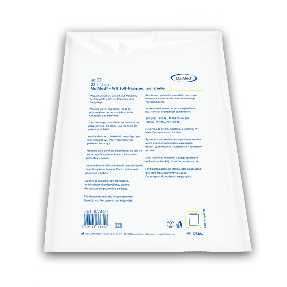 MaiMed mosókesztyű puha dugós, nem steril fehér, gyapjúból, 50 db/polybag | Csomag (50 db)