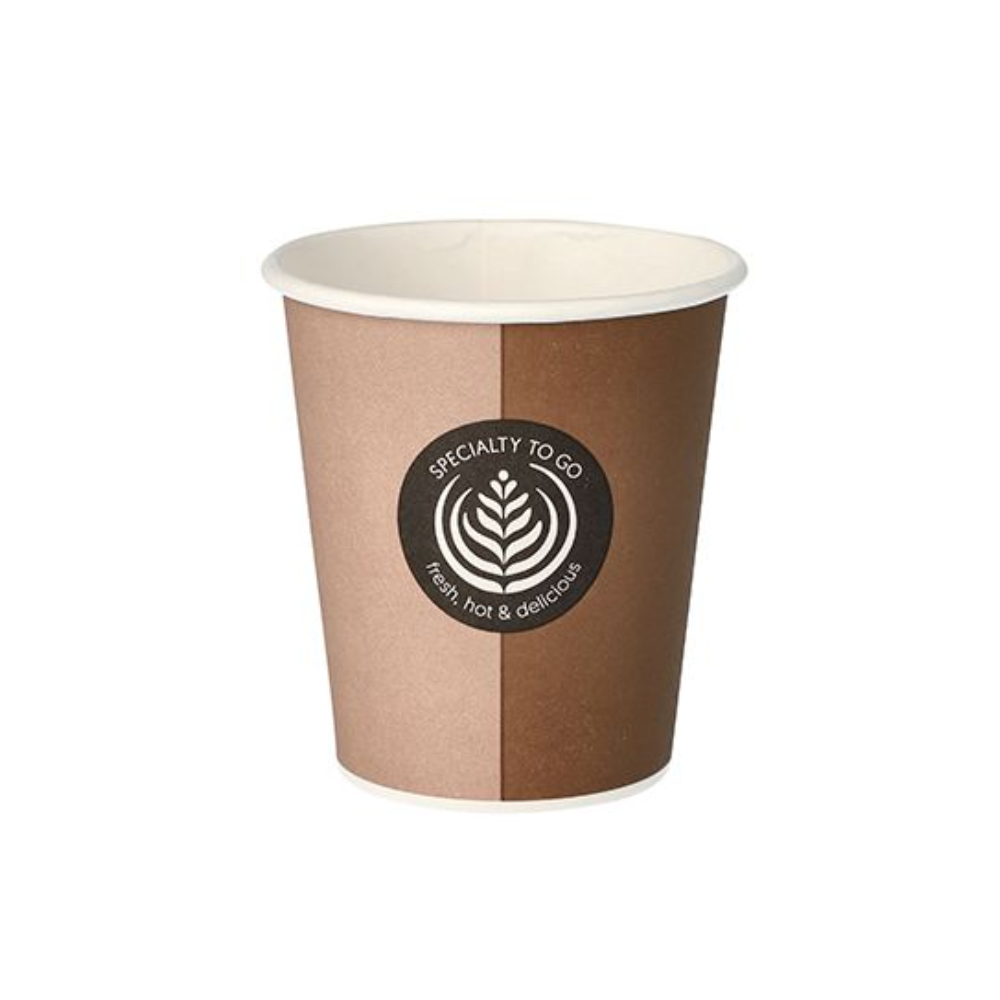 Egy Starpak papírpohár forró italokhoz, 0,2 l, központi logóval, amely stilizált levél dizájn formájában és a „Specialty To Go, friss, forró & finom” szavakkal van kiemelten elhelyezve. Ez az eldobható kávéscsésze ideális a forró italok szerelmeseinek, és elegánsan mutatkozik be egy egyszerű fehér háttér előtt.