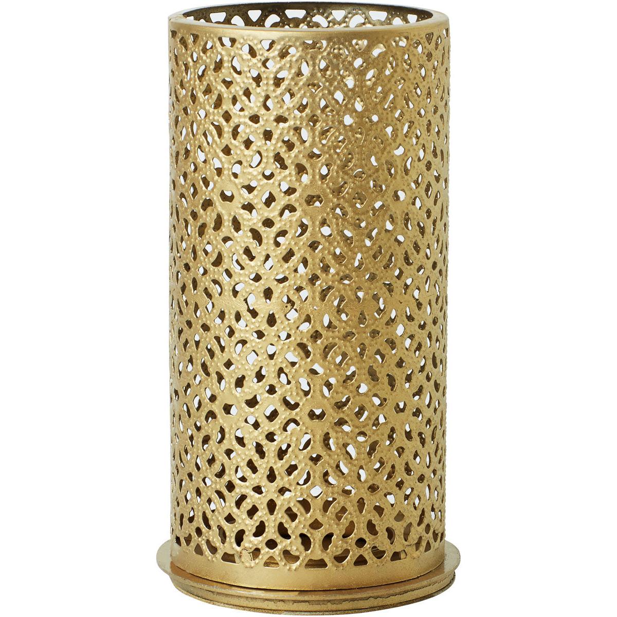 A Duni GmbH Bliss gyertyatartója (140x75 mm, arany) elegáns, áttört fém dizájnjával és masszív talpával tűnik ki - tökéletes dekoratív tartóként vagy rendezőként. 1 darab csomagonként.