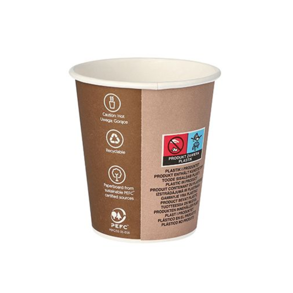 A Starpak papírpohár forró italokhoz, 0,2 l, „To Go” motívummal, egy barna eldobható papírpohár figyelmeztető szimbólumokkal és szöveggel, amely arra figyelmeztet, hogy a tartalom forró lehet. Ideális forró italok útközbeni szállítására. Újrahasznosíthatóként van megjelölve, fenntartható forrásból származó anyagokból készül, PEFC tanúsítvánnyal rendelkezik, és erősen hasonlít egy papírpohár dizájnjára.