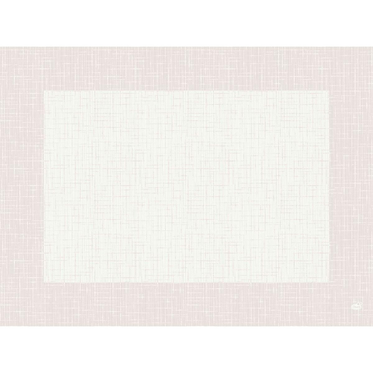 Egy négyzet alakú fehér felület keresztcsíkozású mintával, hasonló a Duni GmbH Linnea fehér Dunicel asztalterítőihez 30 x 40 cm (100 darab), középen áll egy világos rózsaszín texturált háttéren, amelyet egy kis fehér szív hangsúlyoz a jobb alsó sarokban.