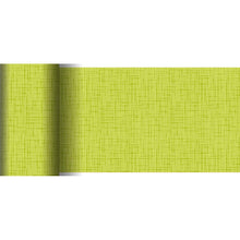 Eine partiell ausgerollte, hellgrüne Tapete mit dezentem Kreuzmuster ähnelt dem Dunicel-Tischläufer 20 m x 15 cm der Duni GmbH und ist mit ihrer gewebten, leinenartigen Struktur ideal für kreative Tischdekorationen.