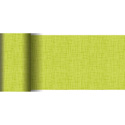 Egy részben kigurított, világoszöld tapéta finom keresztezett mintázattal hasonlít a Duni GmbH 20 m x 15 cm-es Dunicel asztali futójára, és szőtt, lenvászon jellegű struktúrájával ideális kreatív asztaldekorációkhoz.