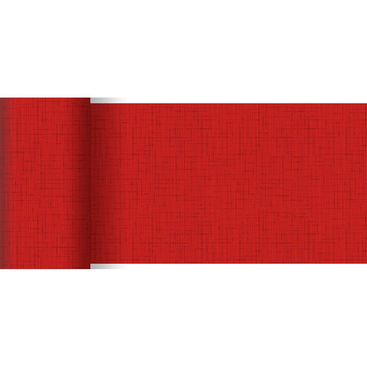 A Duni GmbH piros Dunicel asztali futója (20 m x 15 cm) finom, keresztezett vonalmintával és strukturált megjelenéssel rendelkezik, a bal széle enyhén feltekert - tökéletes egy stílusos asztaldekorációhoz.