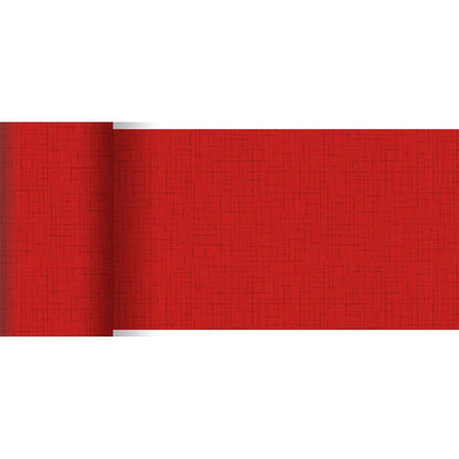 A Duni GmbH piros Dunicel asztali futója (20 m x 15 cm) finom, keresztezett vonalmintával és strukturált megjelenéssel rendelkezik, a bal széle enyhén feltekert - tökéletes egy stílusos asztaldekorációhoz.
