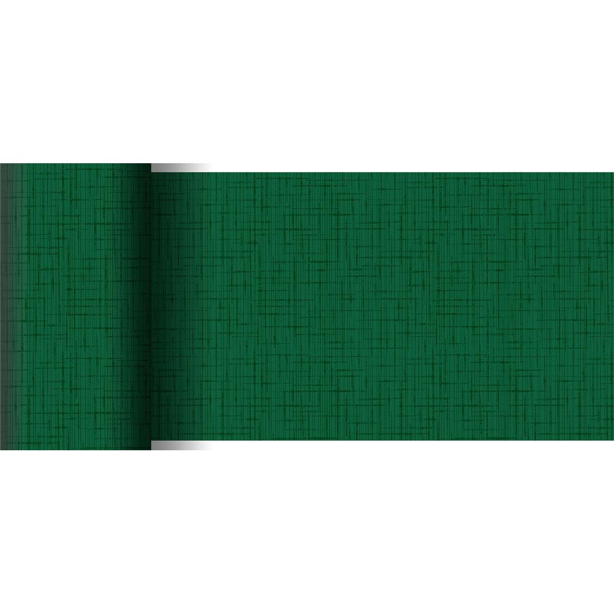 Egy részben kigurított zöld Dunicel asztali futó 20 m x 15 cm a Duni GmbH-tól, amely finom rácsos szerkezetét mutatja be fehér háttér előtt, így tökéletes egy elegáns asztaldekorációhoz.