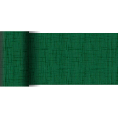 Egy részben kigurított zöld Dunicel asztali futó 20 m x 15 cm a Duni GmbH-tól, amely finom rácsos szerkezetét mutatja be fehér háttér előtt, így tökéletes egy elegáns asztaldekorációhoz.