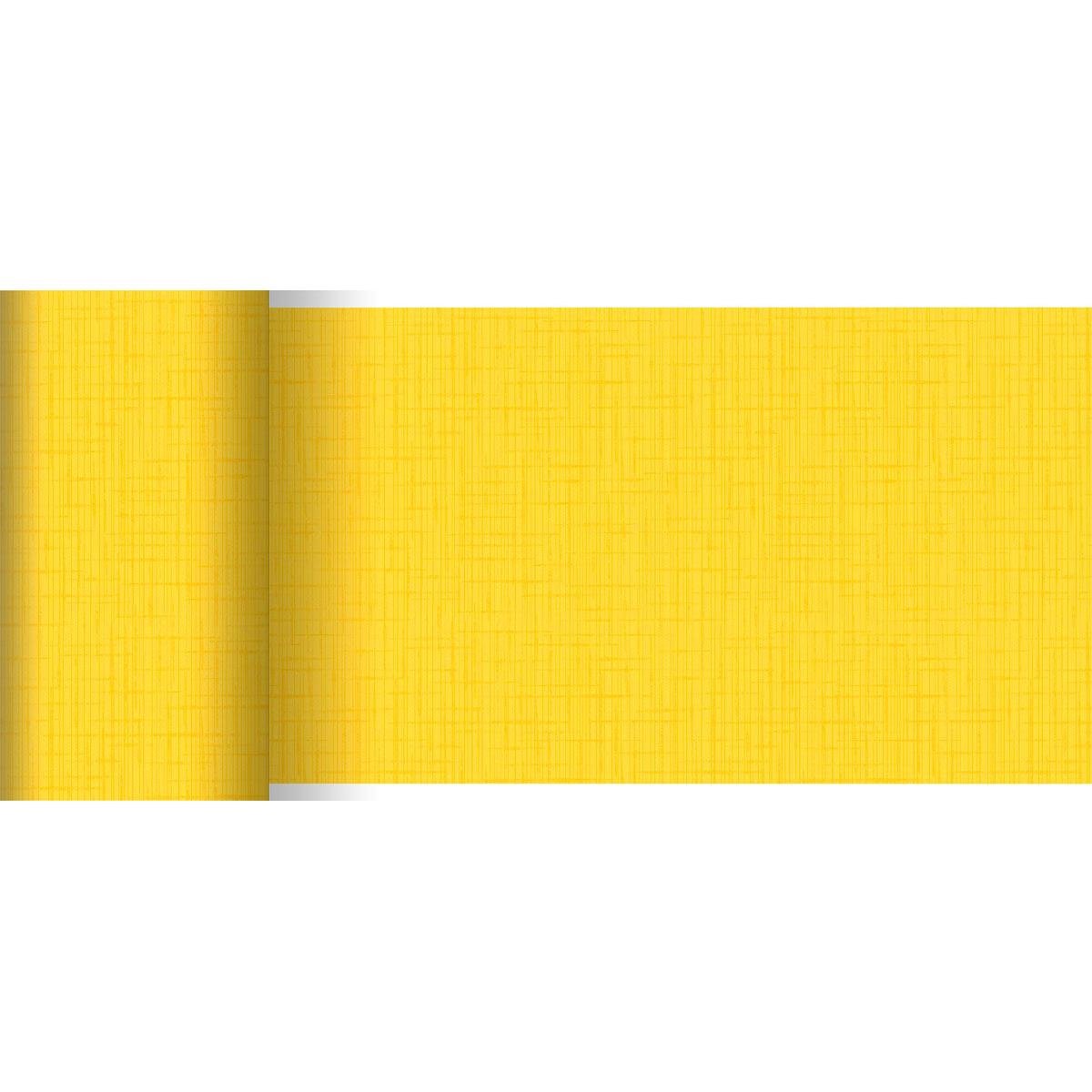 A Duni GmbH 20 m x 15 cm-es Dunicel asztali futója sárga színben, finom rácsszerű struktúrával és matt felülettel részben kigurítva fehér alapon. Ideális finom, keresztezett vonalakkal rendelkező asztaldekorációkhoz.